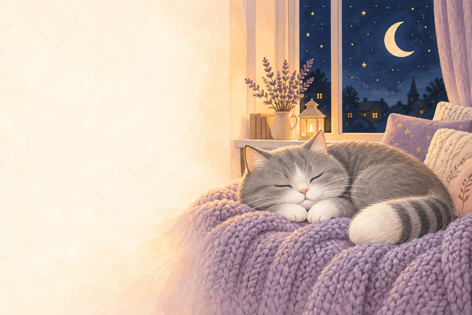 Sleepy silver-grey and white cat on a lavender blanket beside a moonlit window